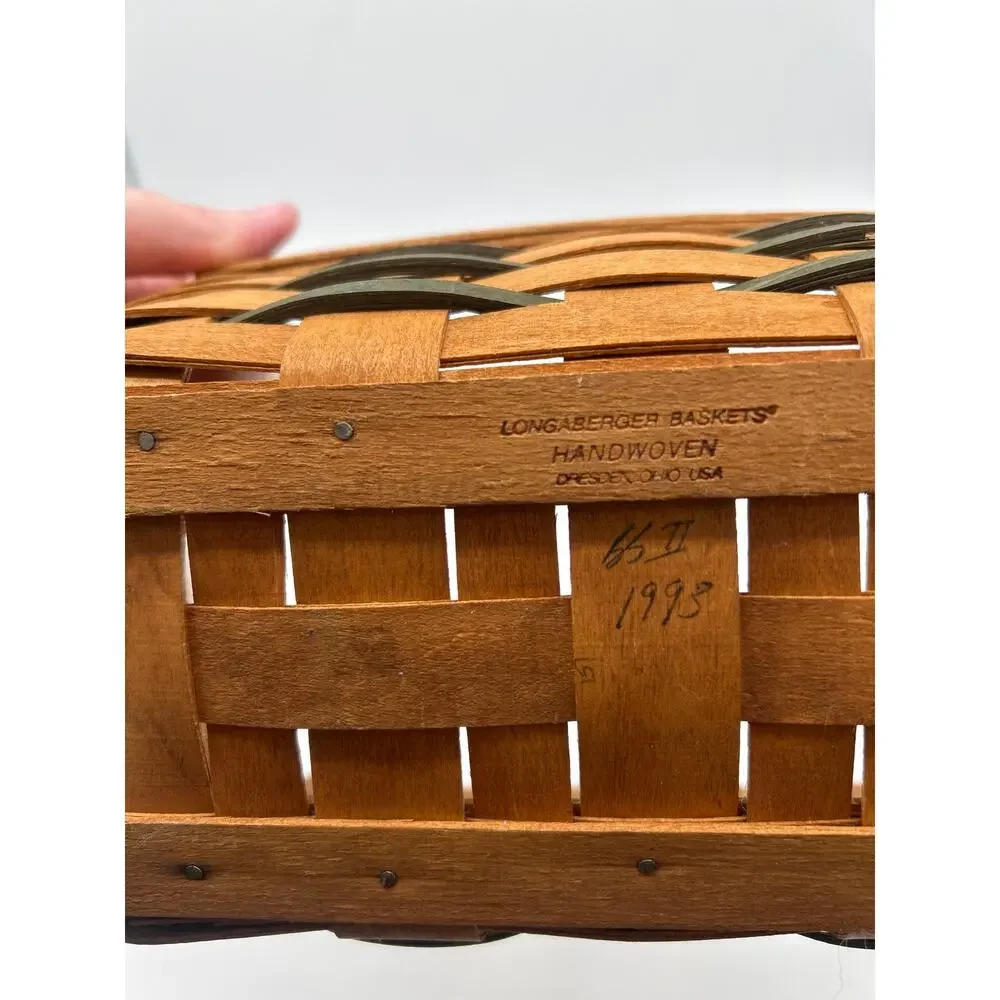 Longaberger 1993 Handwoven Basket Green Trim 9” Collectible USA Dresden Ohio